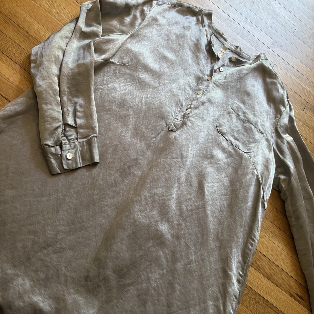 Nuthatch Tunic Satin Dress Women XL Silver Silk Linen Minimal Lagenlook Anthro